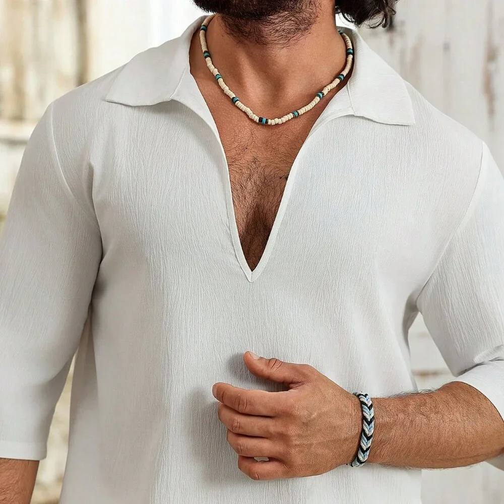 White Casual Men's Deep V-Neck Polo Shirt And Pants Set - Picture 5 of 6